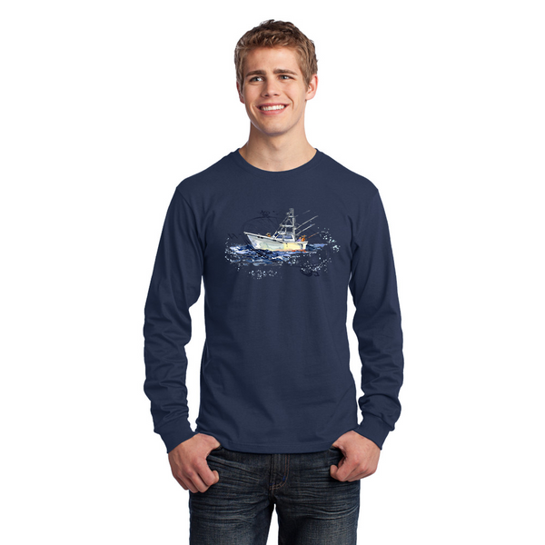 Men's Long Sleeve Jersery T-Shirt. Fishing Boat.