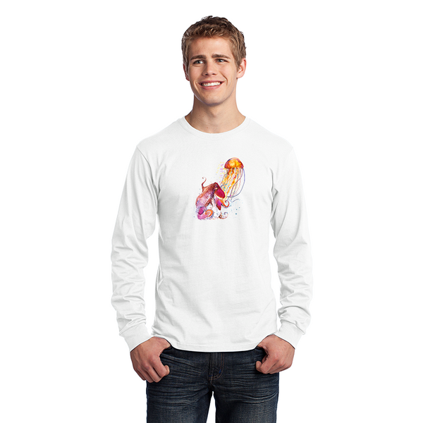 Men's Long Sleeve Jersey T-Shirt. Squid and Jellyfish.