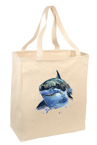 Over the Shoulder Beach Summer Tote Bag. Durable 100% Cotton and 22" Long Handle Shopping Bag. (Shark)